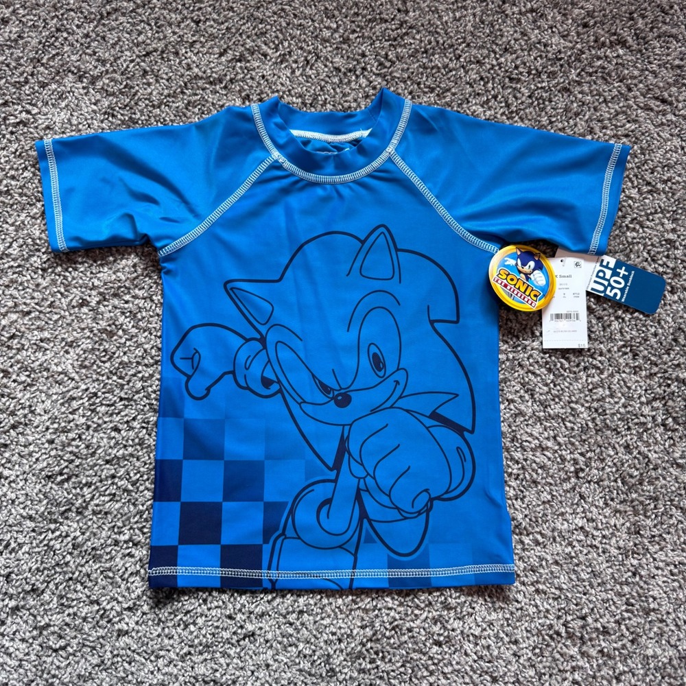 NWT Blue Sonic Rash Guard UPF 50+ Wearable Sunblock Short Sleeve Shirt Boy's XS